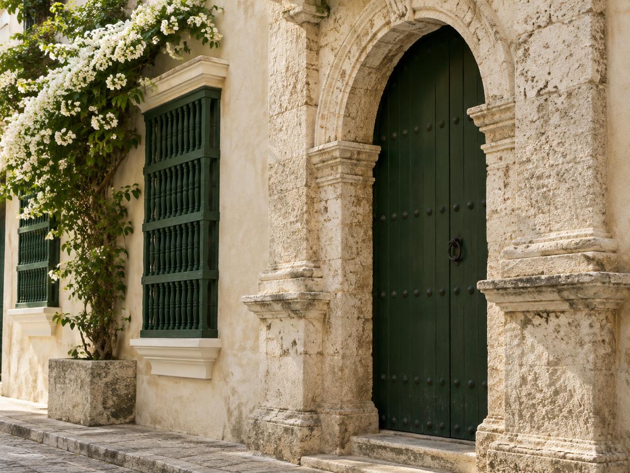 Colonial stone doorway with deep green shutters in Cartagena, Colombia